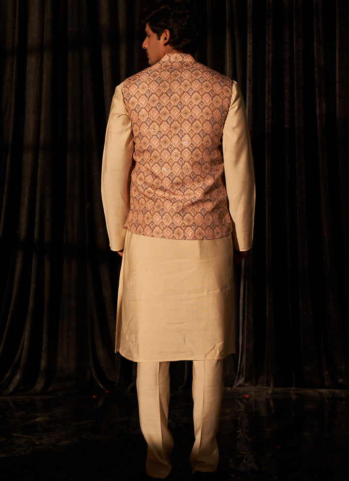 Viscose Brown Ceremonial Wear Printed Readymade Modi Jacket Kurta Pajama