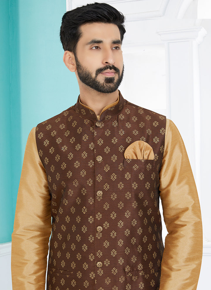 Banarasi Dhupion Brown Wedding Wear Banarasi Work Modi Jacket Kurta Pajama