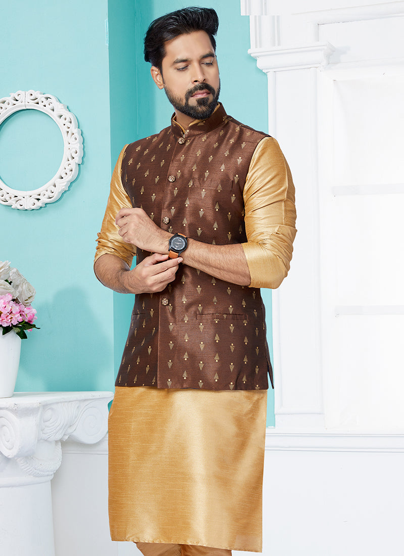 Banarasi Dhupion Brown Wedding Wear Banarasi Work Mens Waist Coat