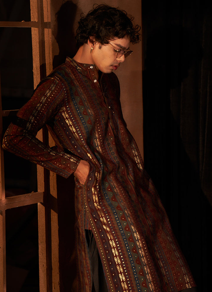 Modal Silk Brown  Eid Wear Designer Printed Readymade Kurta Pajama