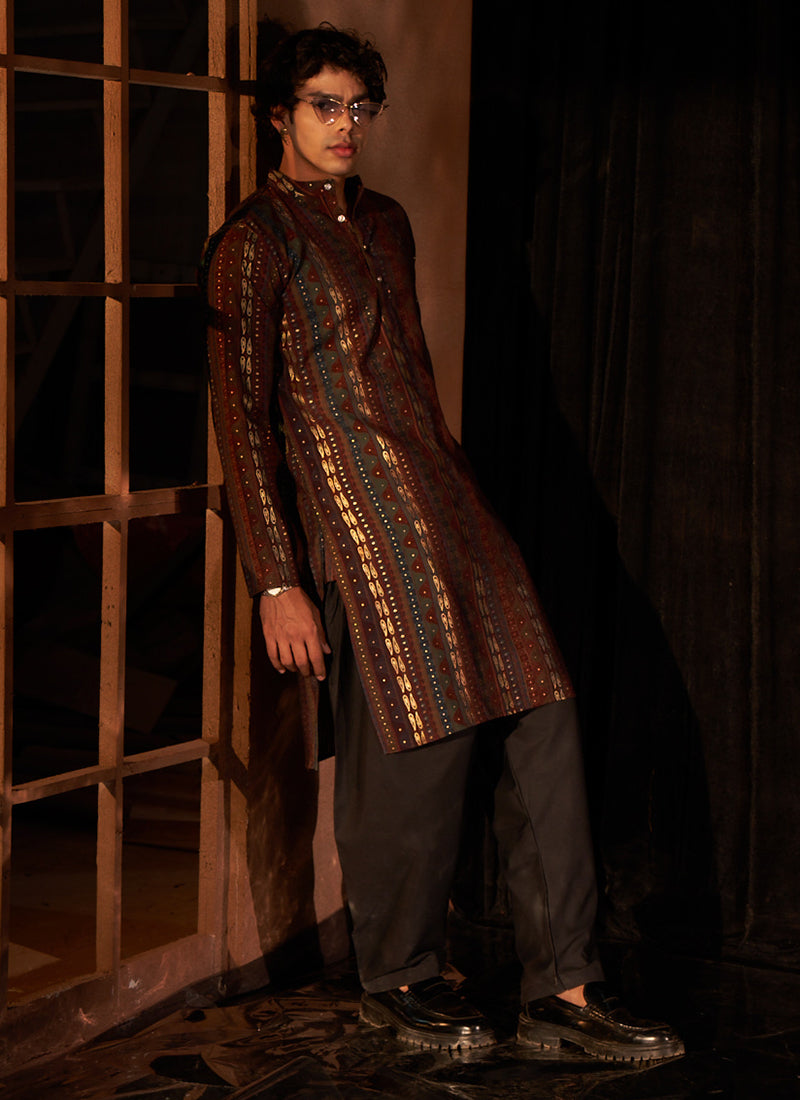 Modal Silk Brown  Eid Wear Designer Printed Readymade Kurta Pajama