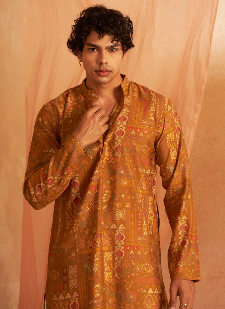 Modal Silk Brownish Yellow Ceremonial Wear Printed Readymade Kurta Pajama