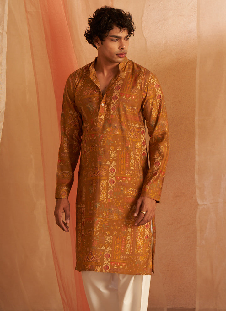 Modal Silk Brownish Yellow Ceremonial Wear Printed Readymade Kurta Pajama