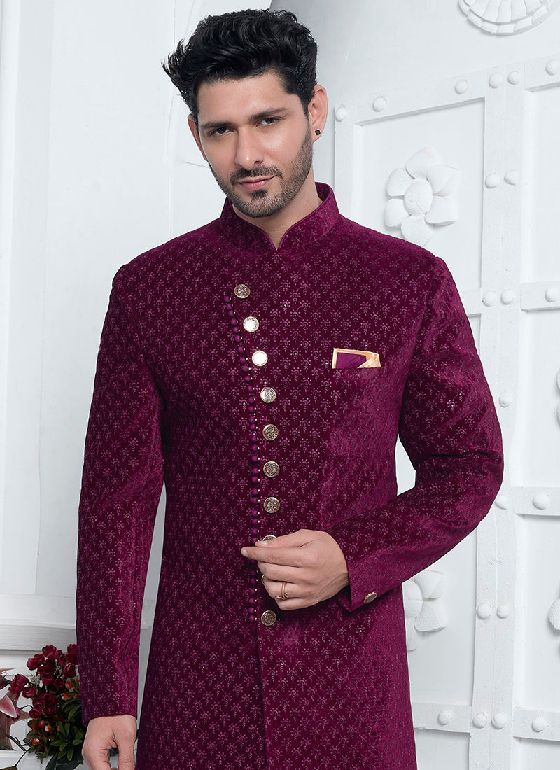 Art Silk Burgandy Wedding Wear Pattern Pc Readymade Sherwani