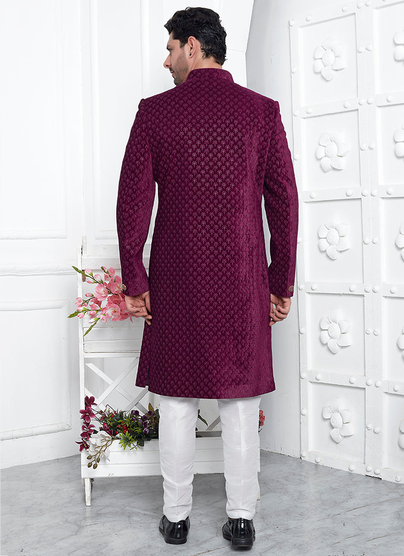 Art Silk Burgandy Wedding Wear Pattern Pc Readymade Sherwani