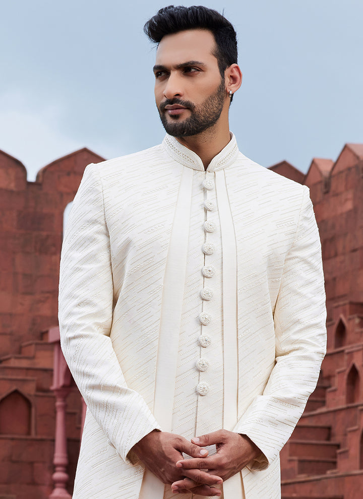 CREAM Art Silk Wedding Wear Embroidery Work 4 Pcs Jacket Set