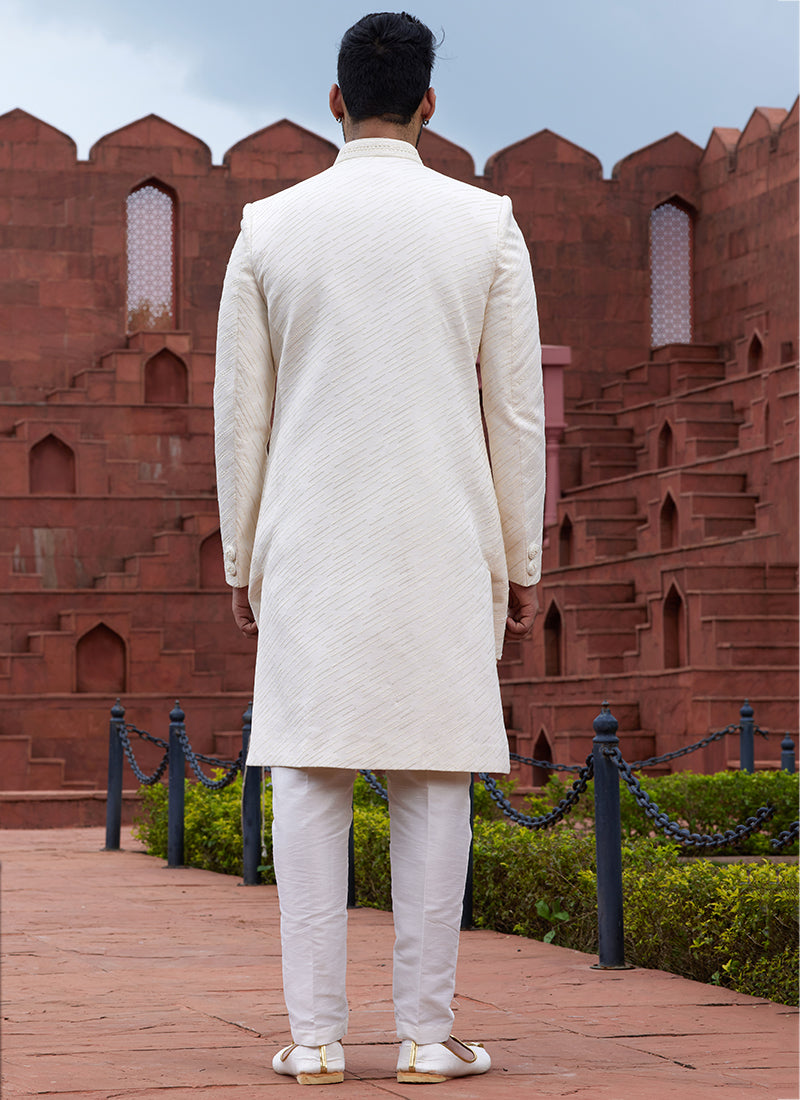 CREAM Art Silk Wedding Wear Embroidery Work 4 Pcs Jacket Set