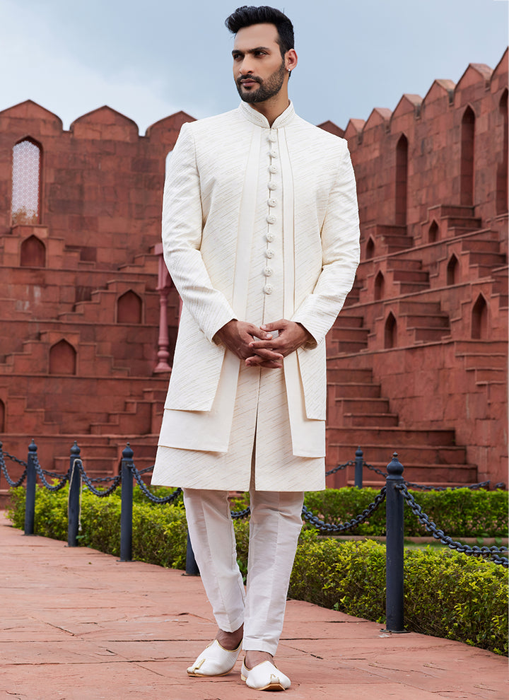 CREAM Art Silk Wedding Wear Embroidery Work 4 Pcs Jacket Set