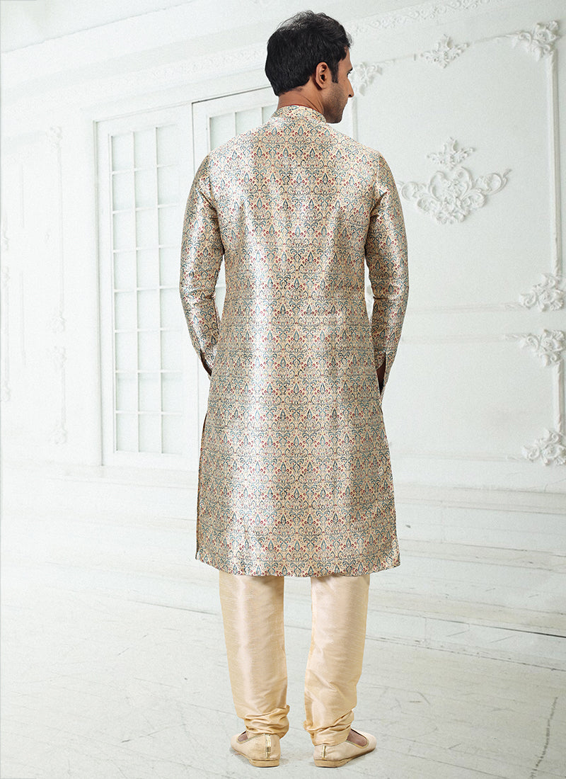 CREAM-GREEN Banarasi Silk Traditional Wear Digital Printed Kurta Pajama