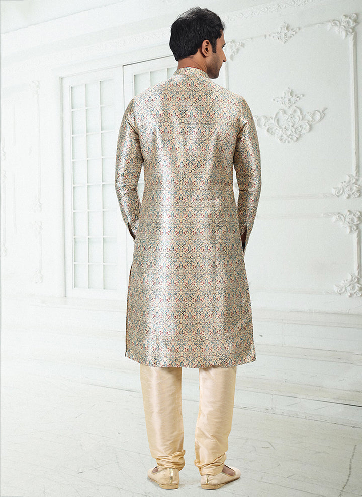 CREAM-GREEN Banarasi Silk Traditional Wear Digital Printed Kurta Pajama