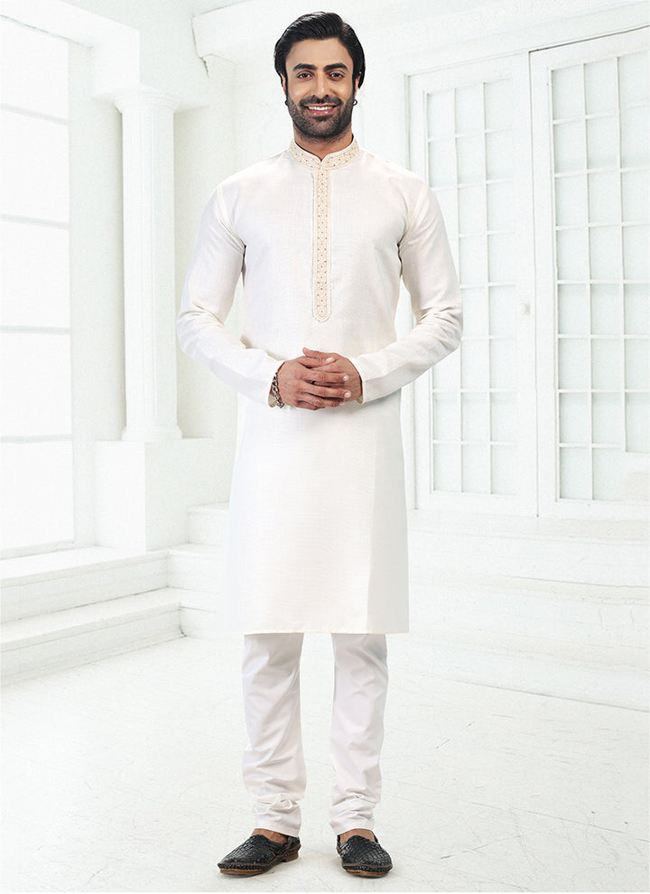 CREAM Linen Cotton Traditional Wear Thread Work Kurta Pajama