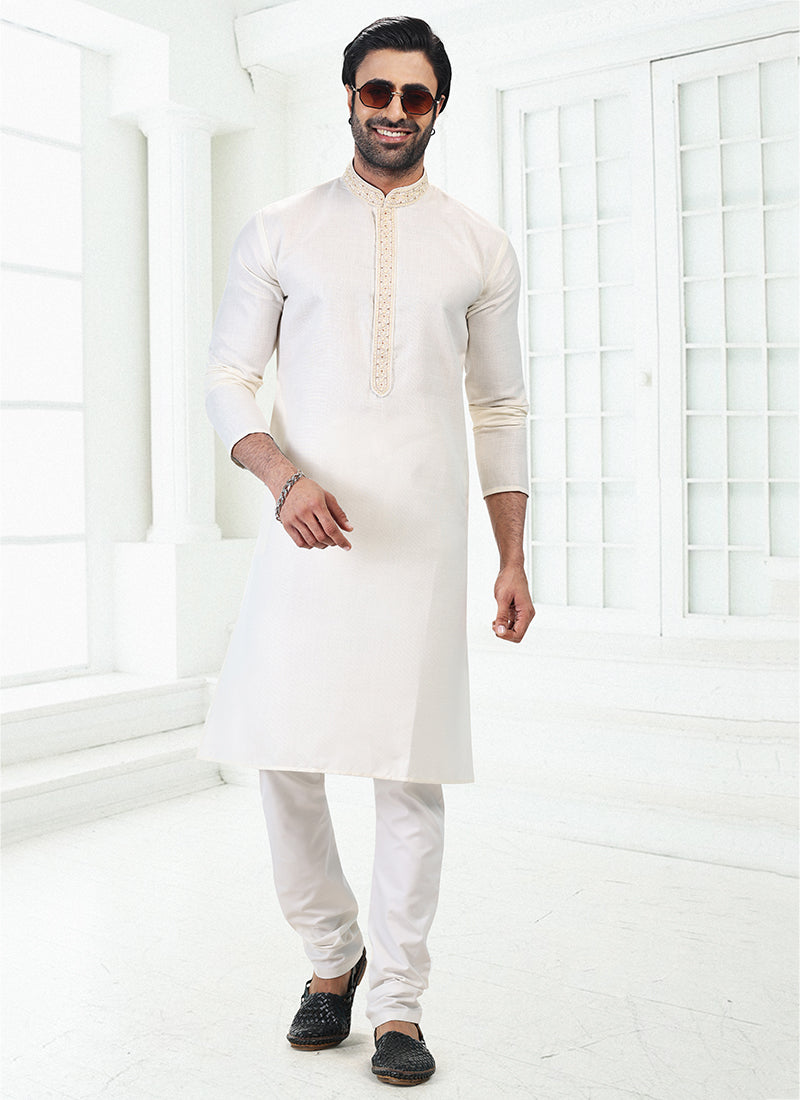 CREAM Linen Cotton Traditional Wear Thread Work Kurta Pajama
