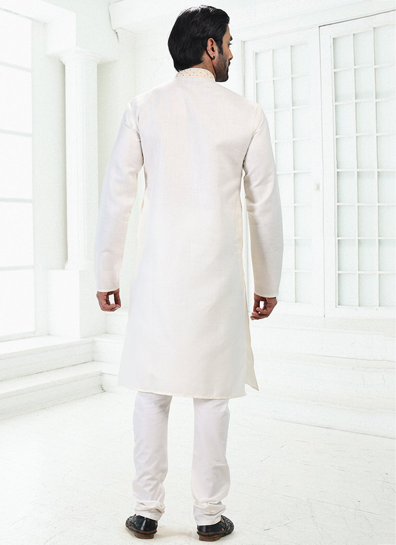 CREAM Linen Cotton Traditional Wear Thread Work Kurta Pajama