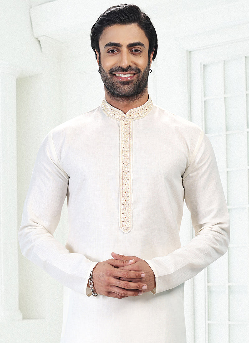 CREAM Linen Cotton Traditional Wear Thread Work Kurta Pajama