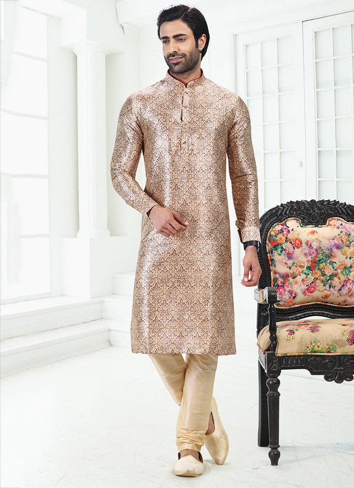 CREAM-MAROON Banarasi Silk Traditional Wear Digital Printed Kurta Pajama