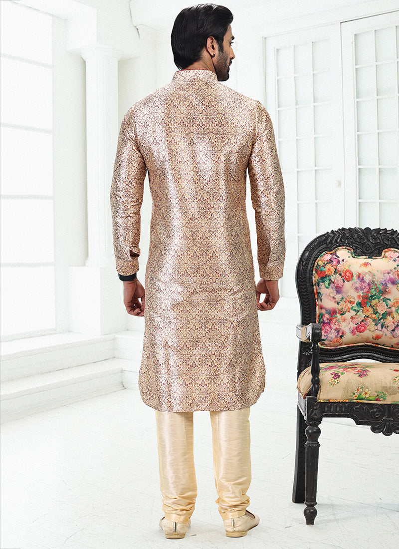 CREAM-MAROON Banarasi Silk Traditional Wear Digital Printed Kurta Pajama