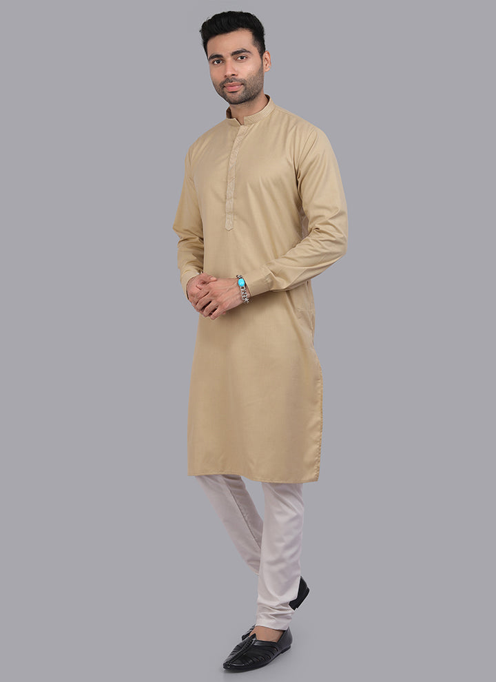 Camel Art Silk Party Wear Thread Work Readymade Mens Kurta Pajama
