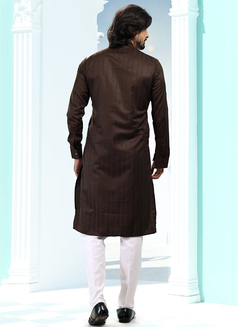 Coffee Silk Traditional Wear Weaving Kurta Pajama