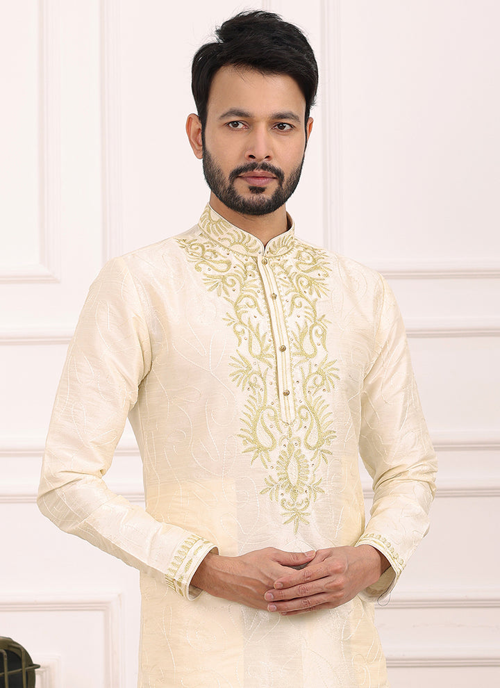 Cream Art Banarasi Silk Festival Wear Thread Work Kurta Pajama