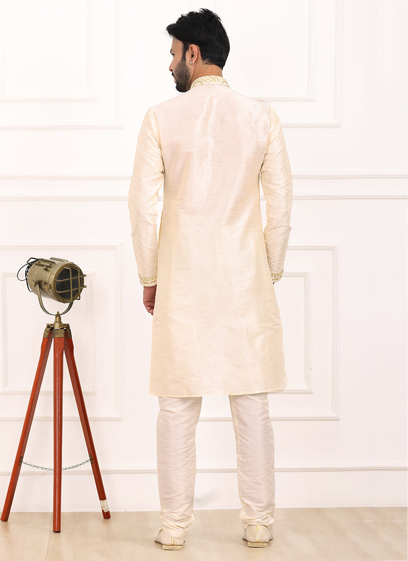 Cream Art Banarasi Silk Festival Wear Thread Work Kurta Pajama