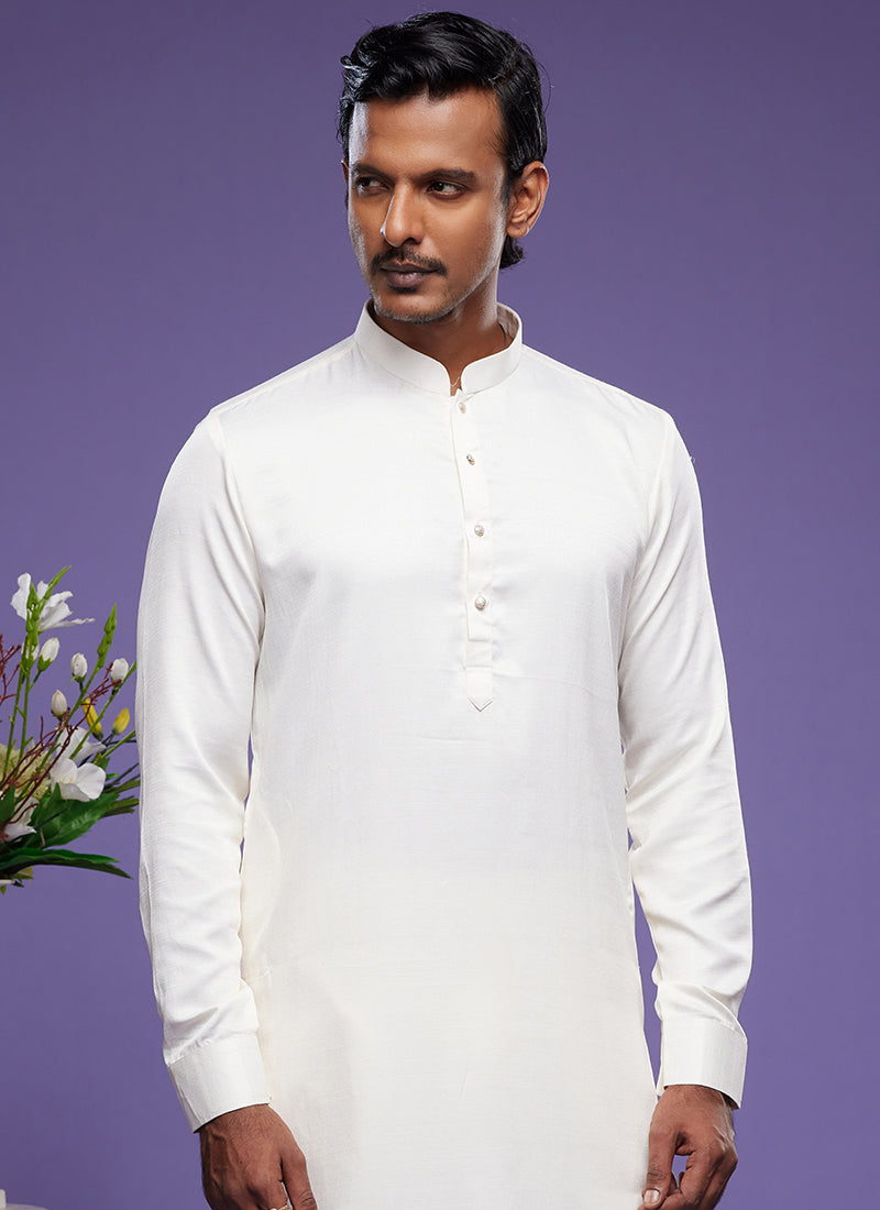 Cream Art Banarasi Silk Tradional Wear Thread Work Kurta Pajama