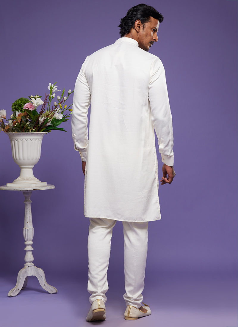 Cream Art Banarasi Silk Tradional Wear Thread Work Kurta Pajama