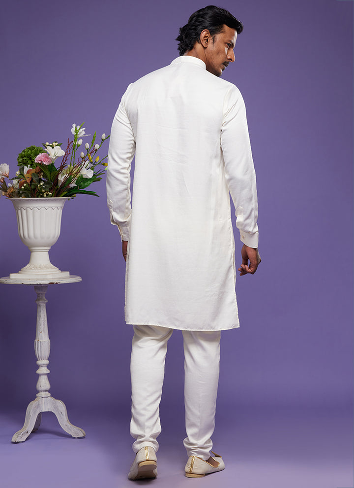 Cream Art Banarasi Silk Tradional Wear Thread Work Kurta Pajama