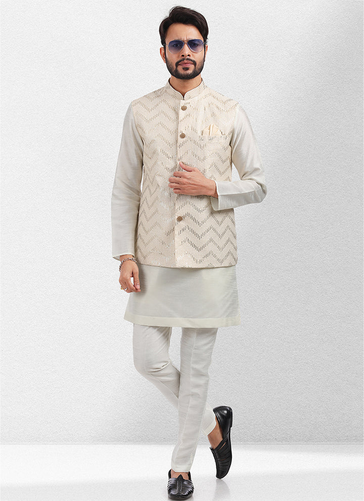 Cream Art Silk Festival Wear Thread Work Kurta Pajama With Jacket