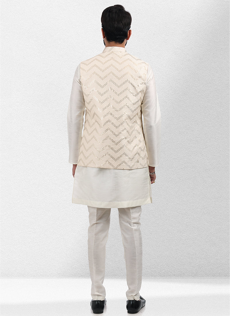 Cream Art Silk Festival Wear Thread Work Kurta Pajama With Jacket