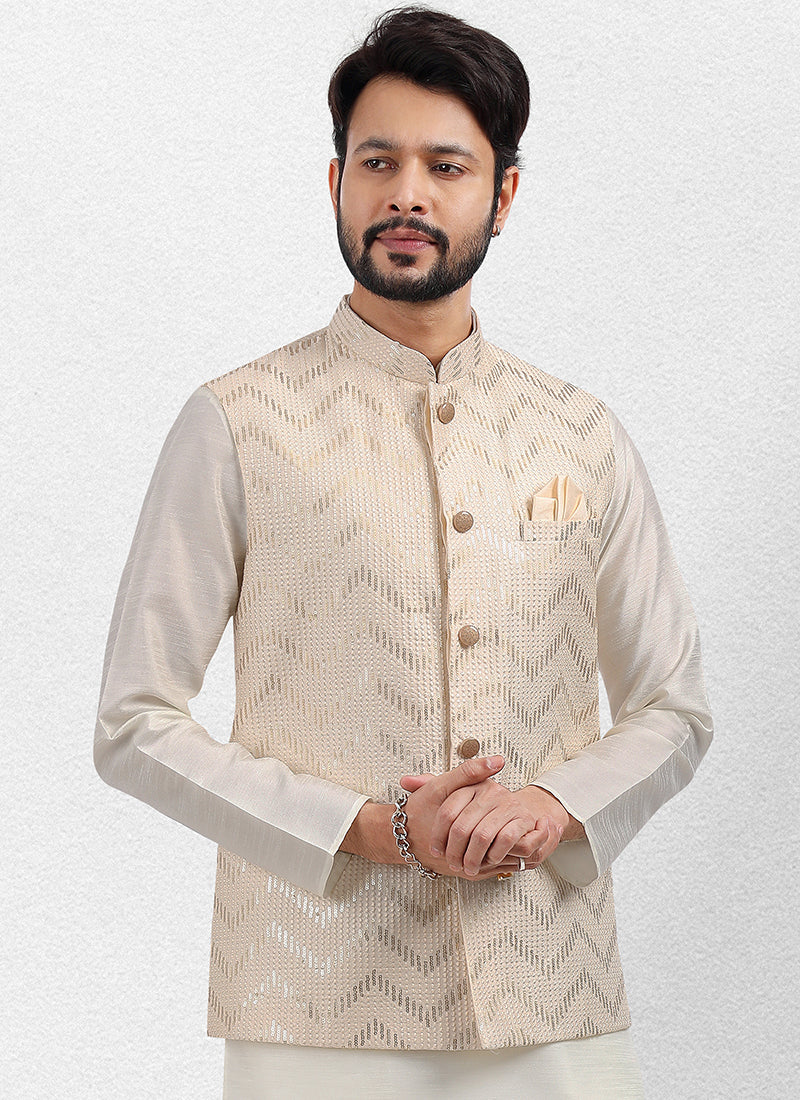 Cream Art Silk Festival Wear Thread Work Kurta Pajama With Jacket