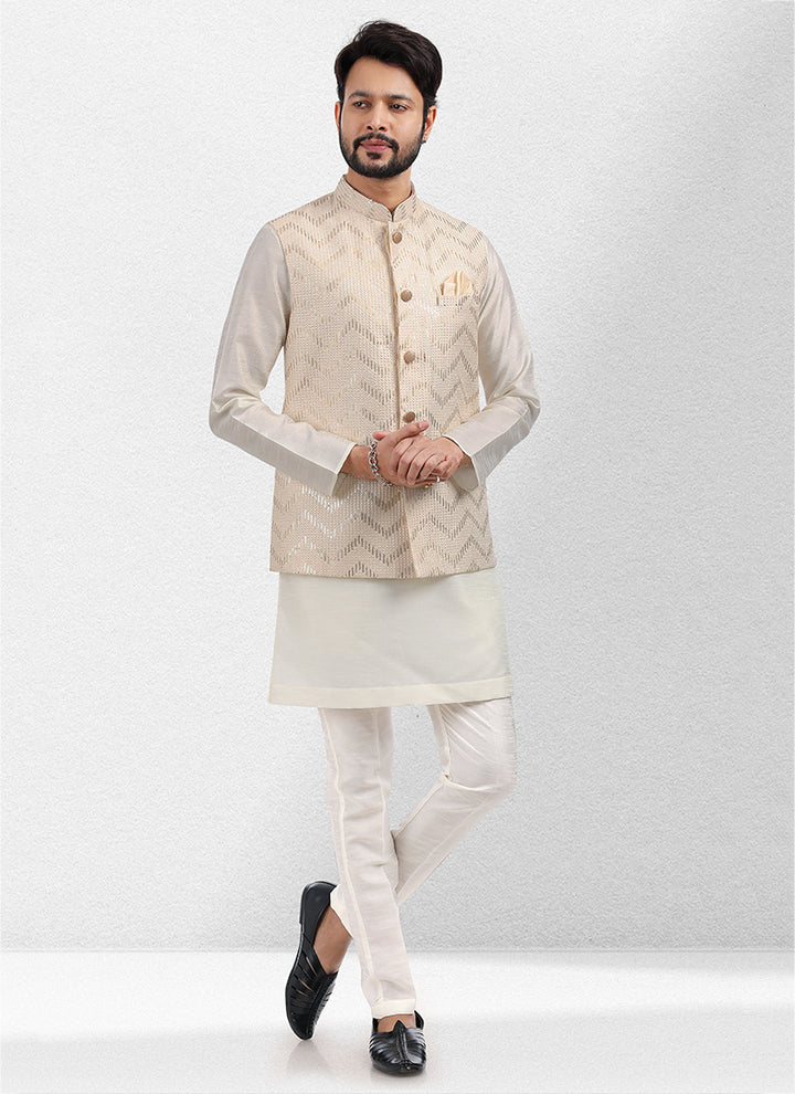 Cream Art Silk Festival Wear Thread Work Kurta Pajama With Jacket