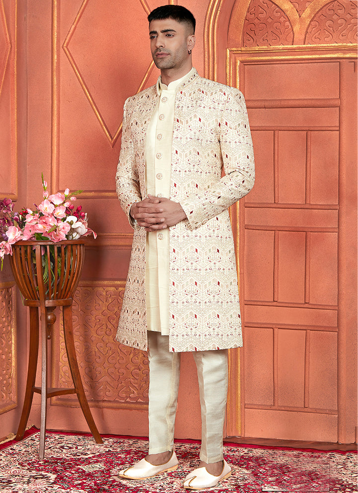 Art Silk Cream Wedding Wear Computer Thread Work 3 Pcs Jacket Set