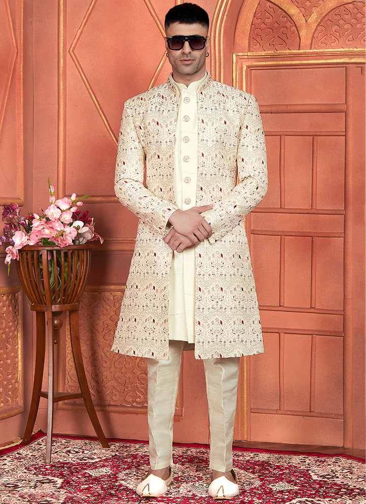 Art Silk Cream Wedding Wear Computer Thread Work 3 Pcs Jacket Set