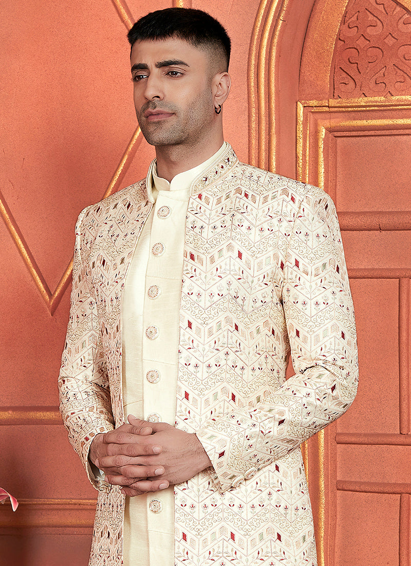 Art Silk Cream Wedding Wear Computer Thread Work 3 Pcs Jacket Set