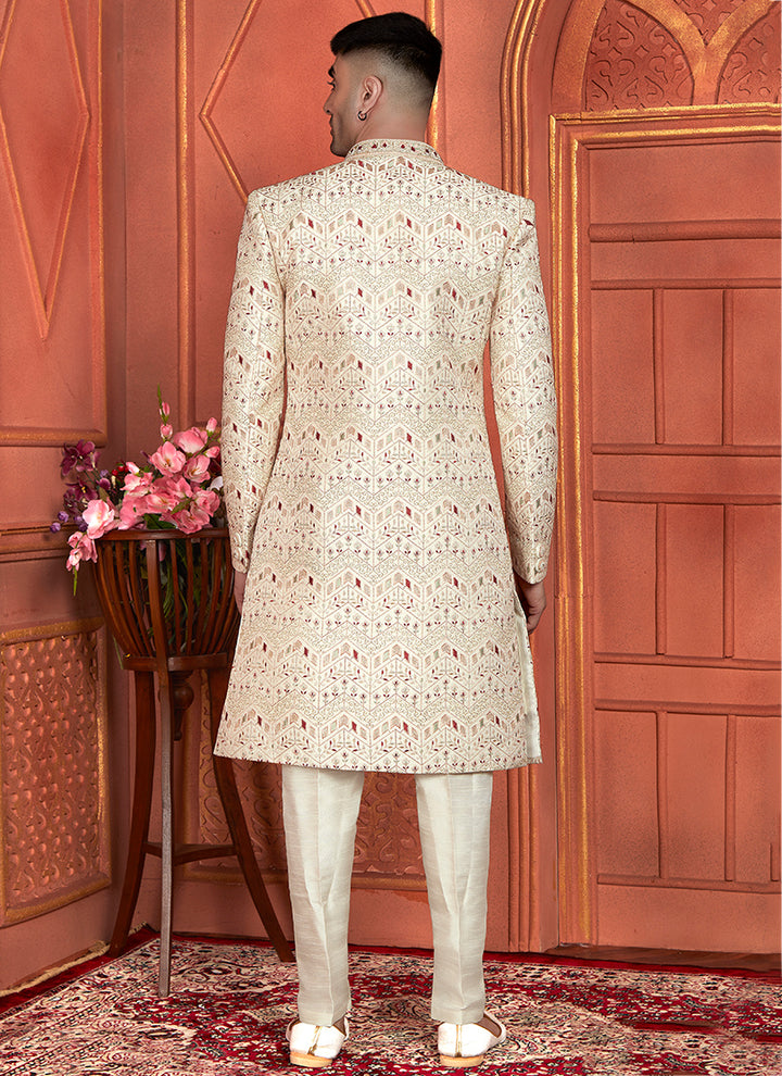 Art Silk Cream Wedding Wear Computer Thread Work 3 Pcs Jacket Set
