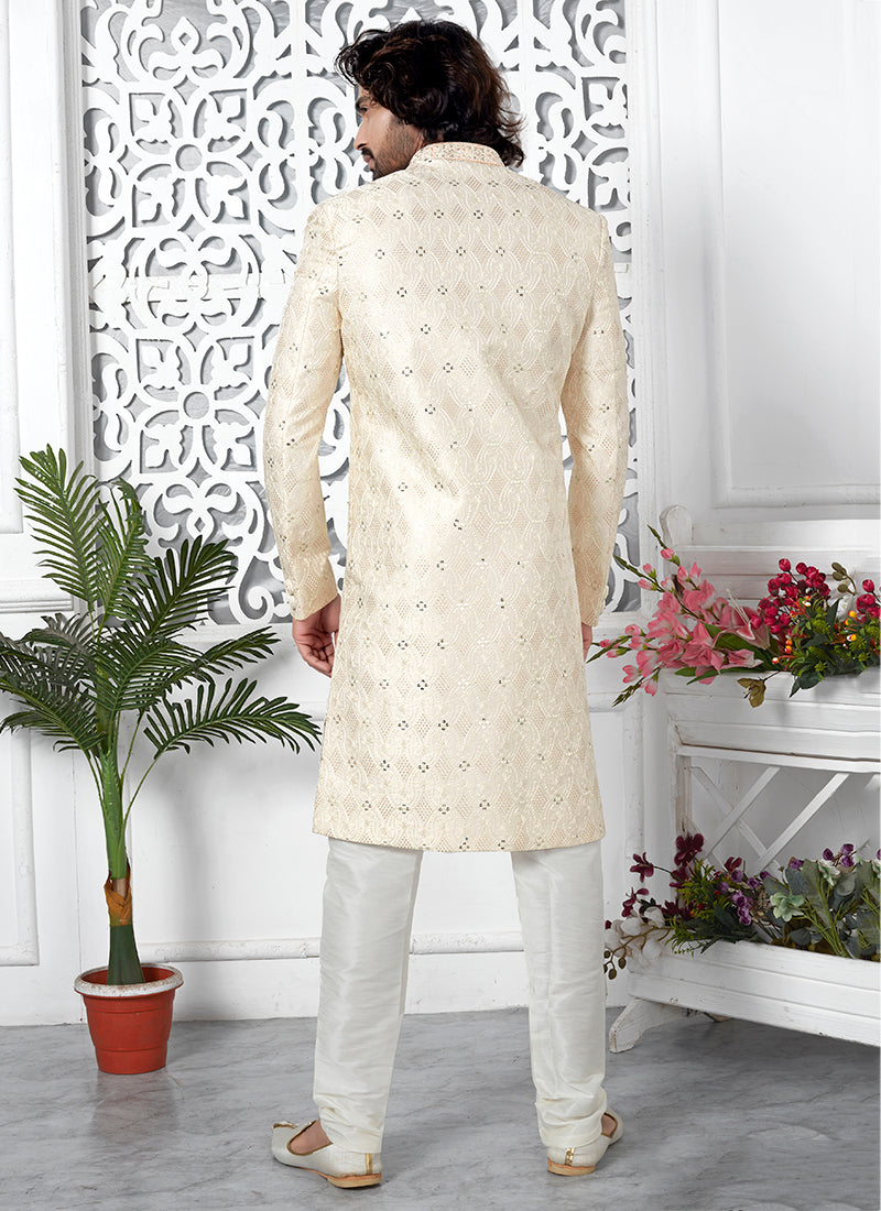 Art Silk Cream Wedding Wear Computer Thread Work Mens Sherwani