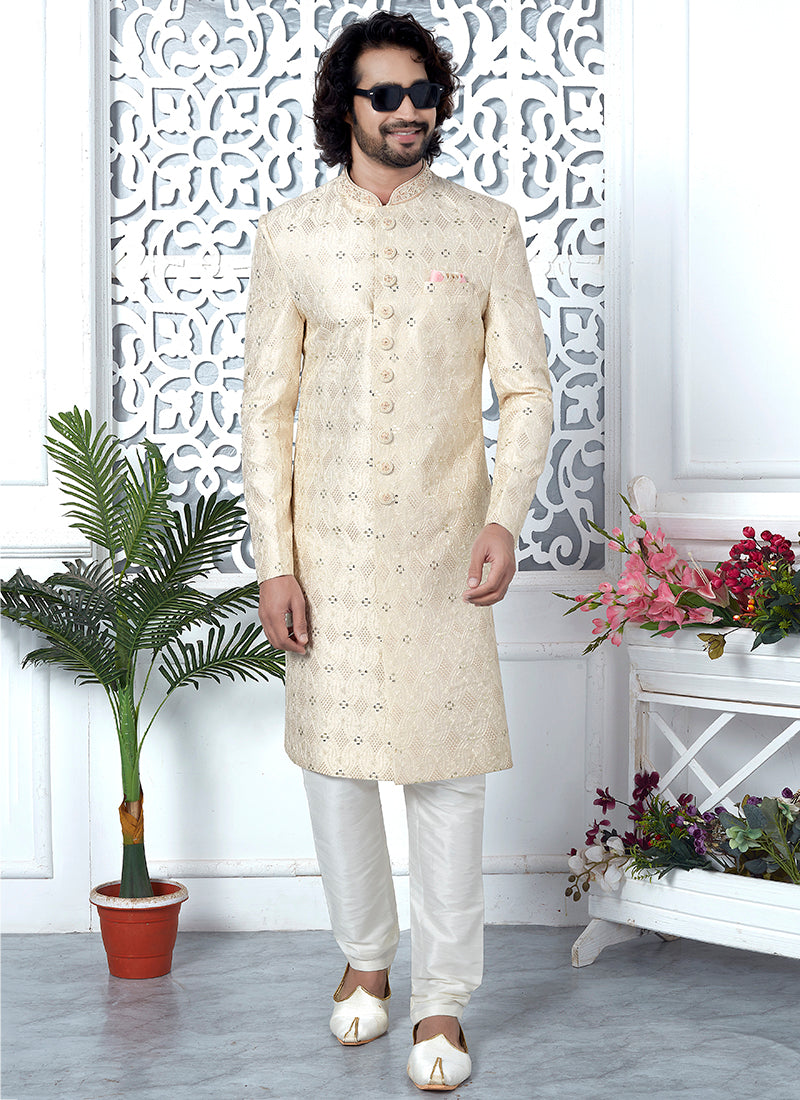 Art Silk Cream Wedding Wear Computer Thread Work Mens Sherwani