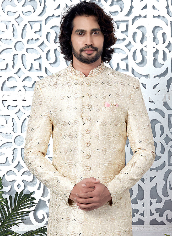 Art Silk Cream Wedding Wear Computer Thread Work Mens Sherwani
