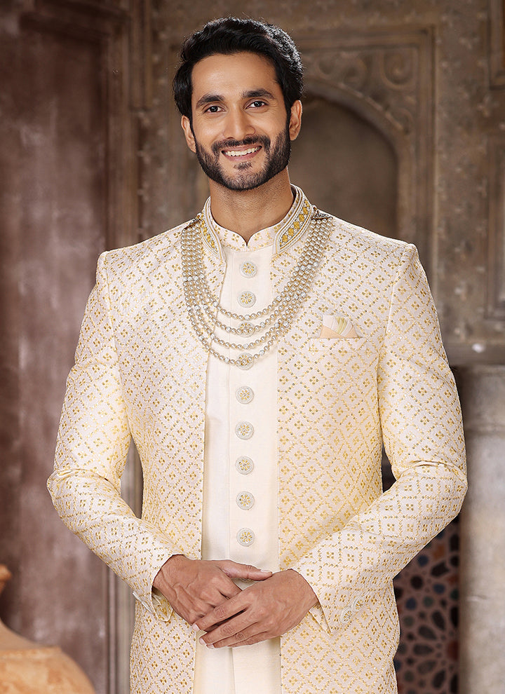 Cream Art Silk Wedding Wear Thread Work Mens Indo Western