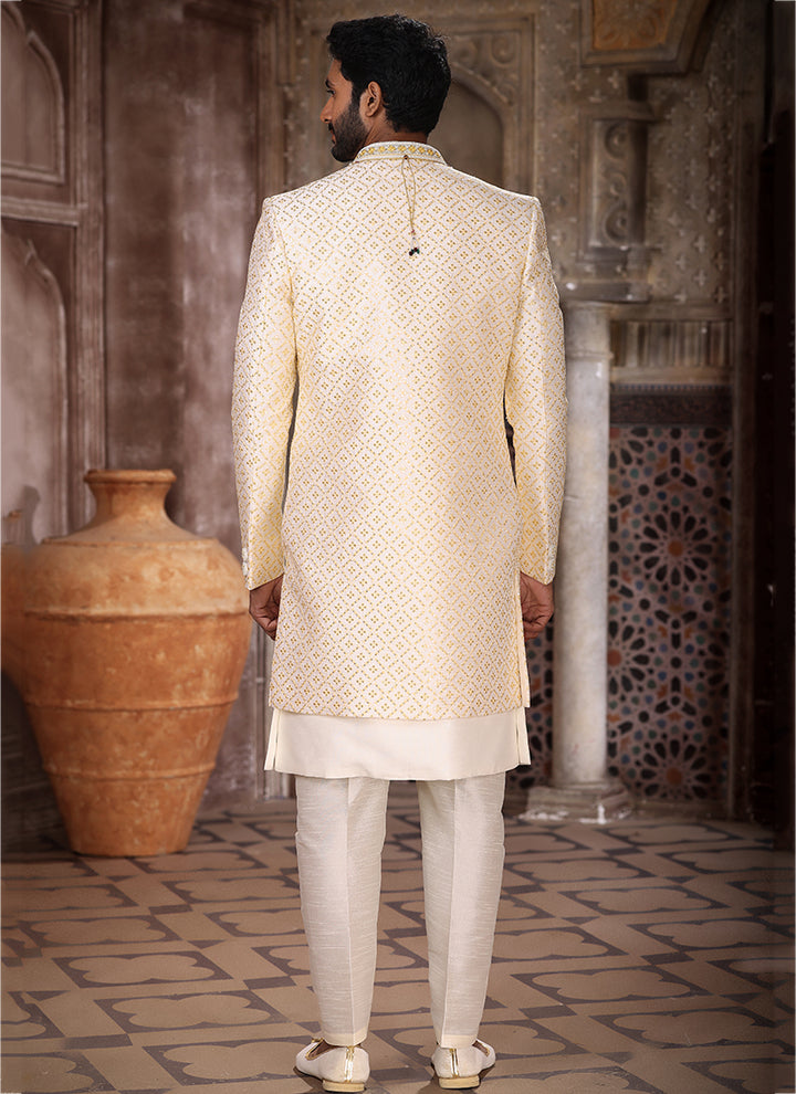 Cream Art Silk Wedding Wear Thread Work Mens Indo Western