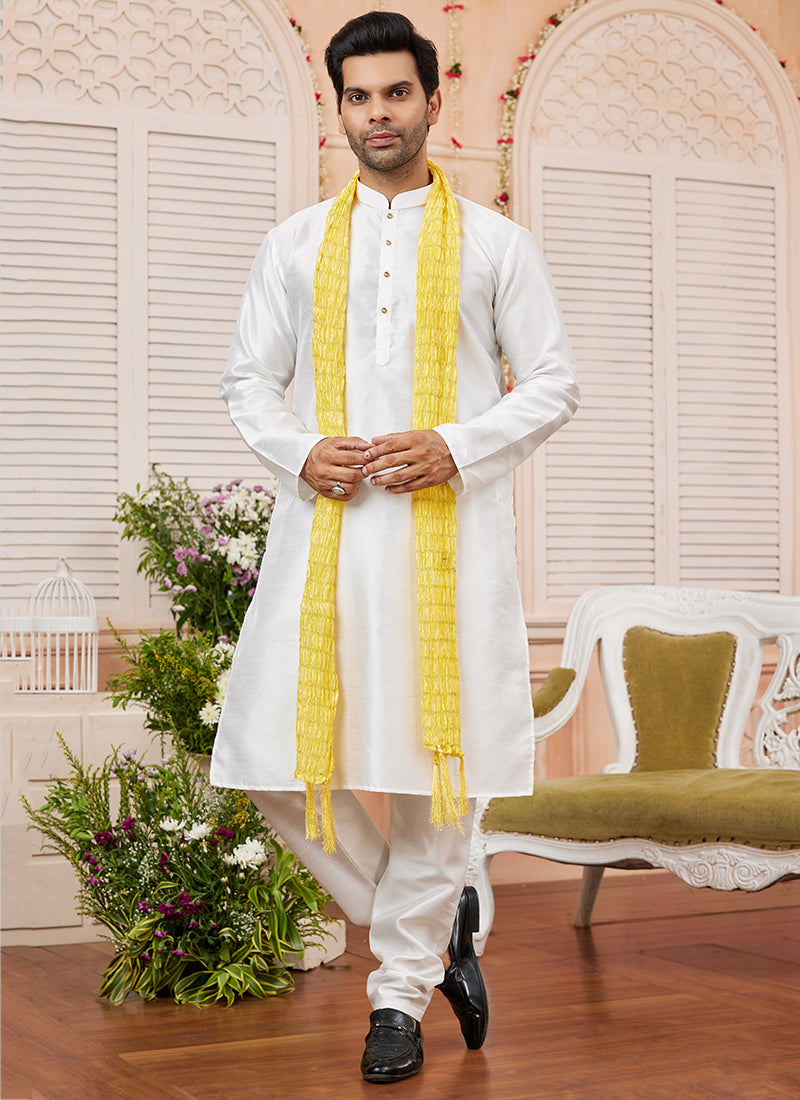 Art Silk Cream Festival Wear Plain Readymade Kurta Pajama
