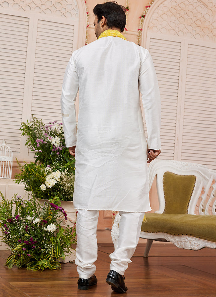 Art Silk Cream Festival Wear Plain Readymade Kurta Pajama