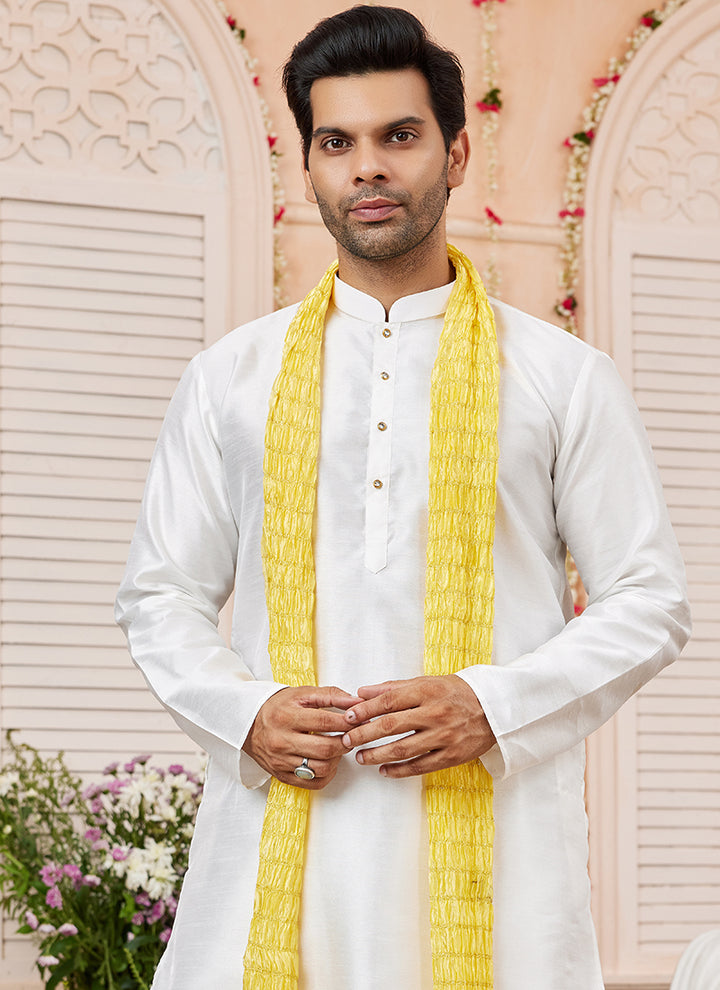 Art Silk Cream Festival Wear Plain Readymade Kurta Pajama