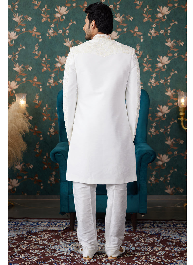 Art Silk Cream Groom Wear Thread Work Readymade Sherwani