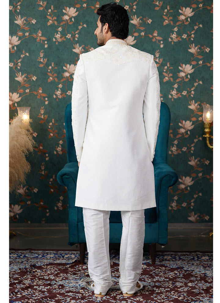 Art Silk Cream Groom Wear Thread Work Readymade Sherwani