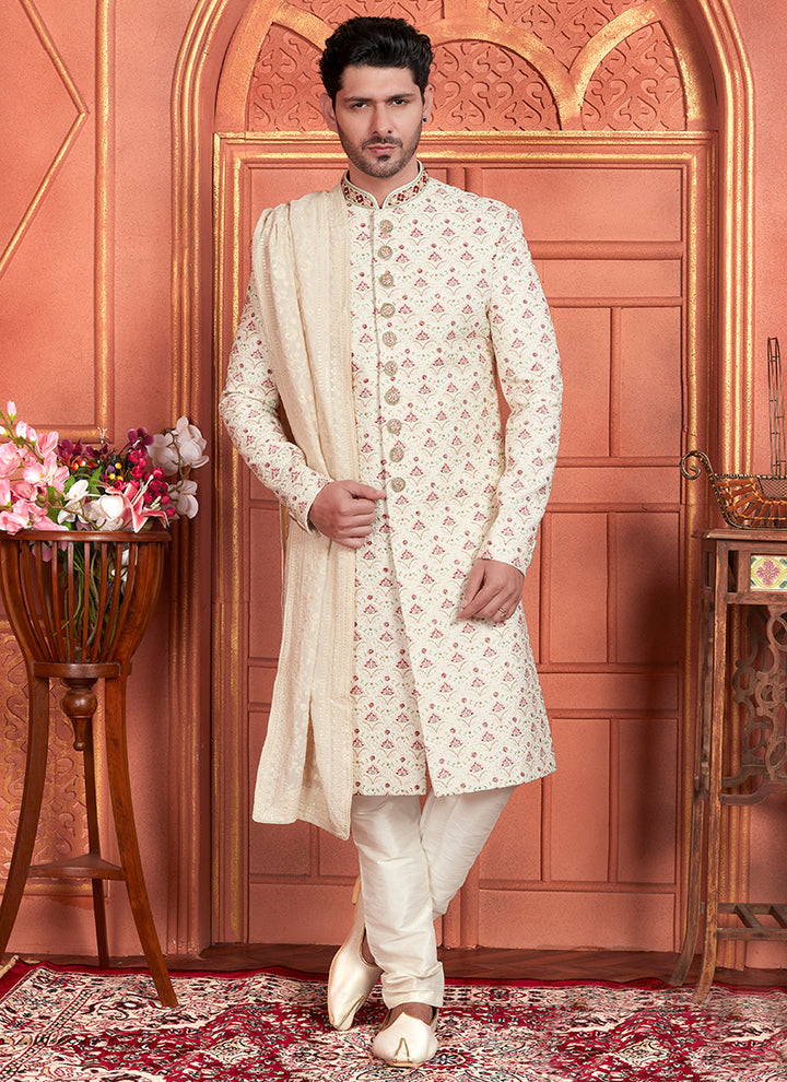 Art Silk Cream Wedding Wear Embroidery Work Readymade Groom Sherwani