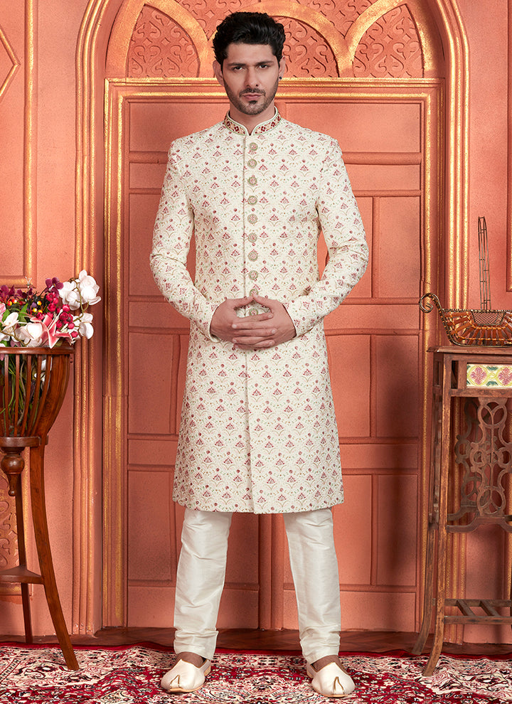Art Silk Cream Wedding Wear Embroidery Work Readymade Groom Sherwani