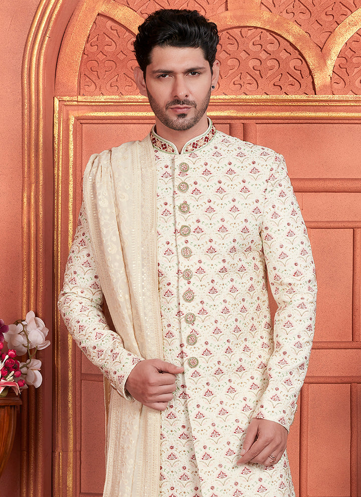 Art Silk Cream Wedding Wear Embroidery Work Readymade Groom Sherwani