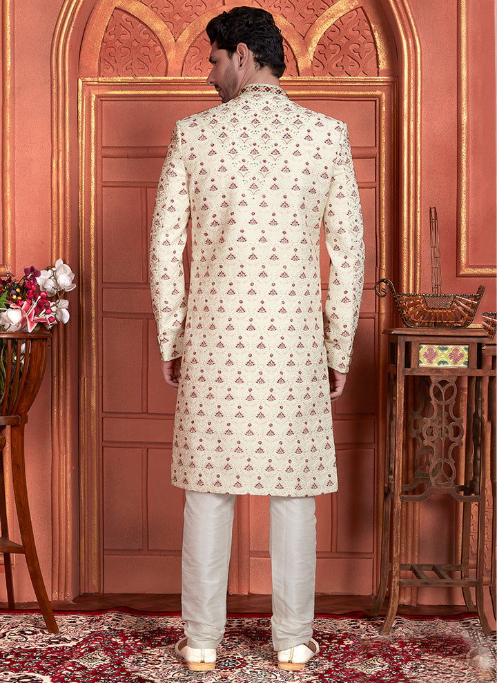 Art Silk Cream Wedding Wear Embroidery Work Readymade Groom Sherwani