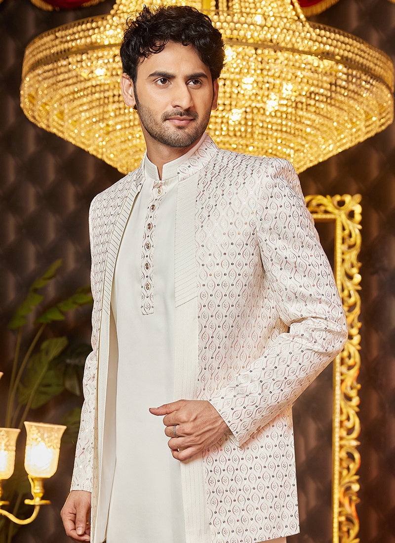 Art Silk Cream Wedding Wear Thread Work Readymade Indo Western Sherwani